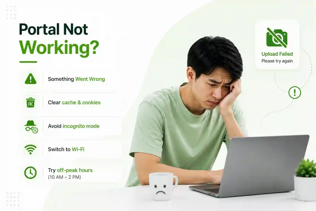 Smart SIM registration 3 Portal not working troubleshooting image with frustrated user using laptop and website error solutions tips