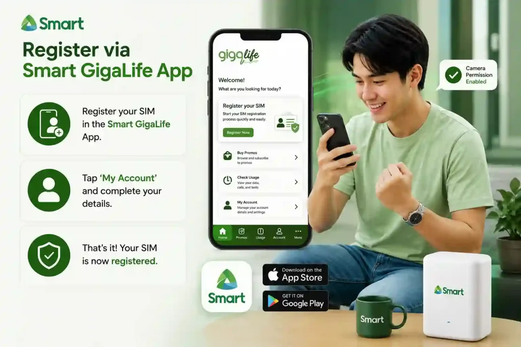 Smart SIM registration 1 Smart GigaLife App SIM registration guide showing steps to register and complete account details.