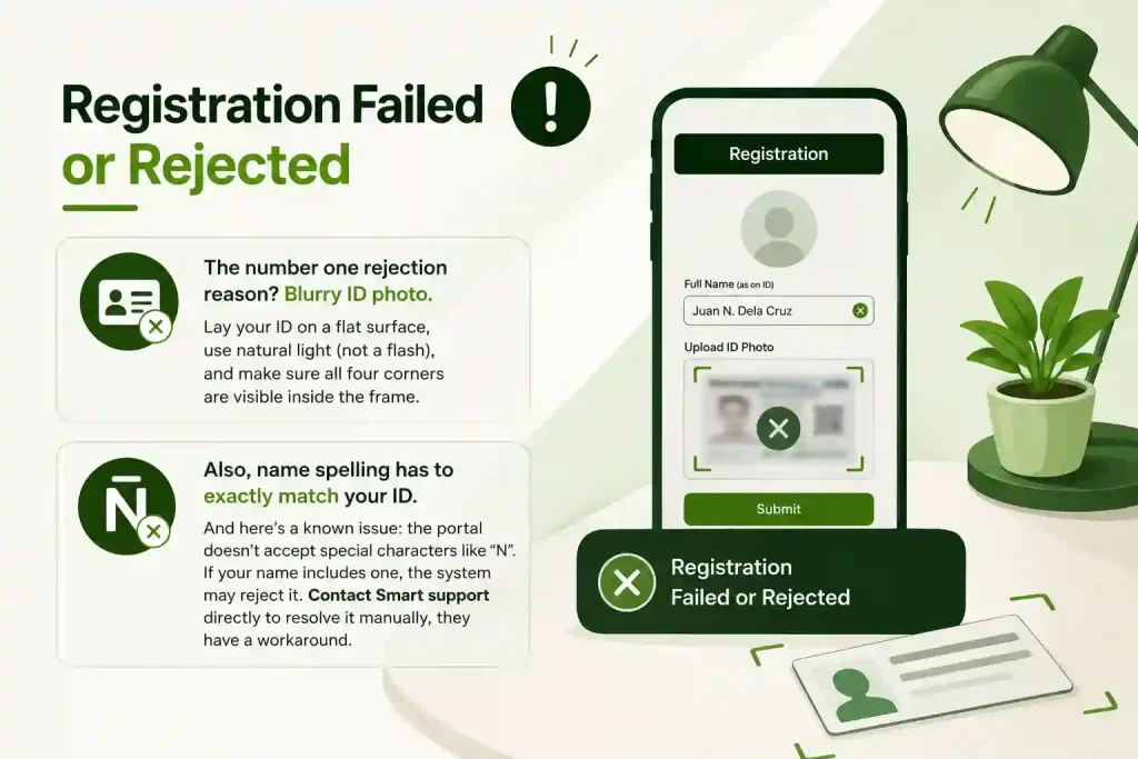 Smart SIM registration 5 Registration failed or rejected due to blurry ID photo and name mismatch during SIM registration process